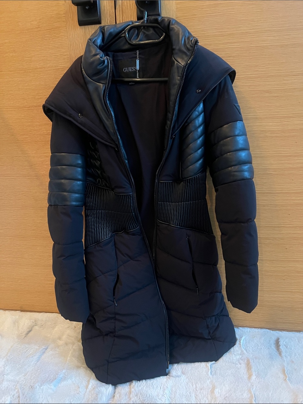 GUESS Black Quilted Puffer Coat with Faux Leather Sleeve Panels